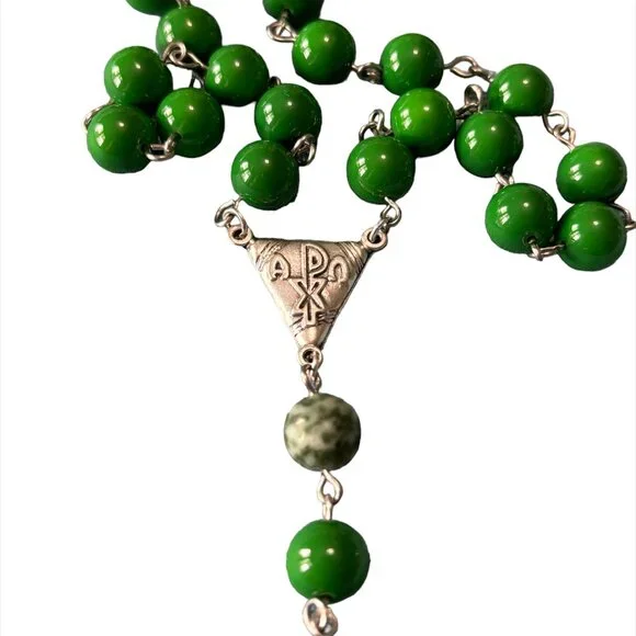 Green Chi Rho Catholic Rosary - Picture 2 of 3